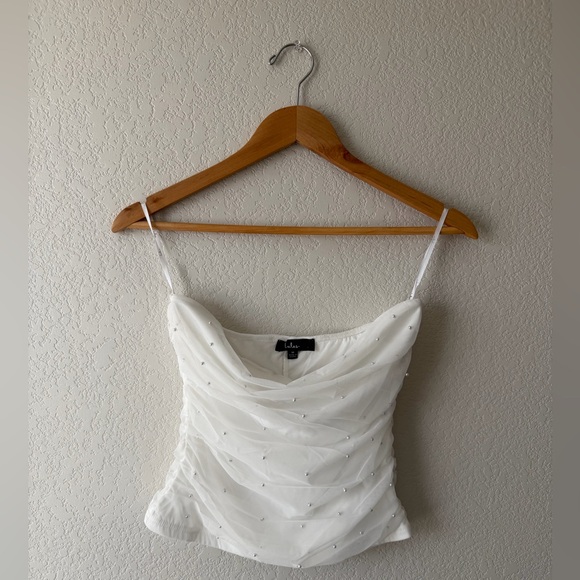 Lulus Tops - Lulu's White Mesh Pearl Strapless Crop Top